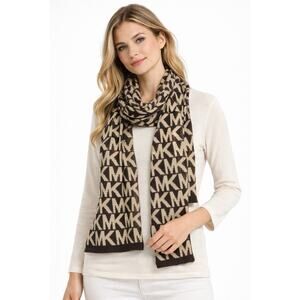 Michael Kors MK Logo Scarf Brown Beige Monogram Designer Lux Knit Scarf NWT New